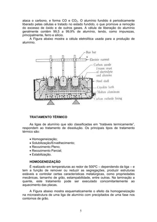 5
ataca o carbono, e forma CO e CO2. O alumínio fundido é periodicamente
liberado pelas células e tratado no estado fundido, o que promove a remoção
do excesso de óxido e de outros gases. A célula de liberação do alumínio
geralmente contém 99,5 a 99,9% de alumínio, tendo, como impurezas,
principalmente, ferro e silício.
A Figura abaixo mostra a célula eletrolítica usada para a produção de
alumínio.
TRATAMENTO TÉRMICO
As ligas de alumínio que são classificadas em “tratáveis termicamente”,
respondem ao tratamento de dissolução. Os principais tipos de tratamento
térmico são:
 Homogeneização;
 Solubilização/Envelhecimento;
 Recozimento Pleno;
 Recozimento Parcial;
 Estabilização.
HOMOGENEIZAÇÃO
É realizado em temperaturas ao redor de 500ºC – dependendo da liga – e
tem a função de remover ou reduzir as segregações, produzir estruturas
estáveis e controlar certas características metalúrgicas, como propriedades
mecânicas, tamanho de grão, estampabilidade, entre outras. Na laminação a
quente, este tratamento pode ser executado concomitantemente ao
aquecimento das placas.
A Figura abaixo mostra esquematicamente o efeito da homogeneização
na microestrutura de uma liga de alumínio com precipitados de uma fase nos
contornos de grão.
 