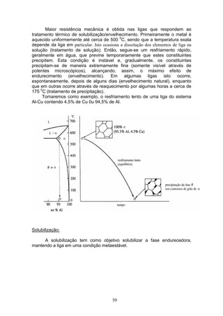50
Maior resistência mecânica é obtida nas ligas que respondem ao
tratamento térmico de solubilização/envelhecimento. Primeiramente o metal é
aquecido uniformemente até cerca de 500 0
C, sendo que a temperatura exata
depende da liga em particular. Isto ocasiona a dissolução dos elementos de liga na
solução (tratamento de solução). Então, segue-se um resfriamento rápido,
geralmente em água, que previne temporariamente que estes constituintes
precipitem. Esta condição é instável e, gradualmente, os constituintes
precipitam-se de maneira extremamente fina (somente visível através de
potentes microscópicos), alcançando, assim, o máximo efeito de
endurecimento (envelhecimento). Em algumas ligas isto ocorre,
espontaneamente, depois de alguns dias (envelhecimento natural), enquanto
que em outras ocorre através de reaquecimento por algumas horas a cerca de
175 0
C (tratamento de precipitação).
Tomaremos como exemplo, o resfriamento lento de uma liga do sistema
Al-Cu contendo 4,5% de Cu 0u 94,5% de Al.
Solubilização:
A solubilização tem como objetivo solubilizar a fase endurecedora,
mantendo a liga em uma condição metaestável.
 