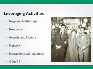 • Regional Gatherings
• Reunions
• Awards and Honors
• Network
• Interactions with students
• Other??
Leveraging Activities
.
 