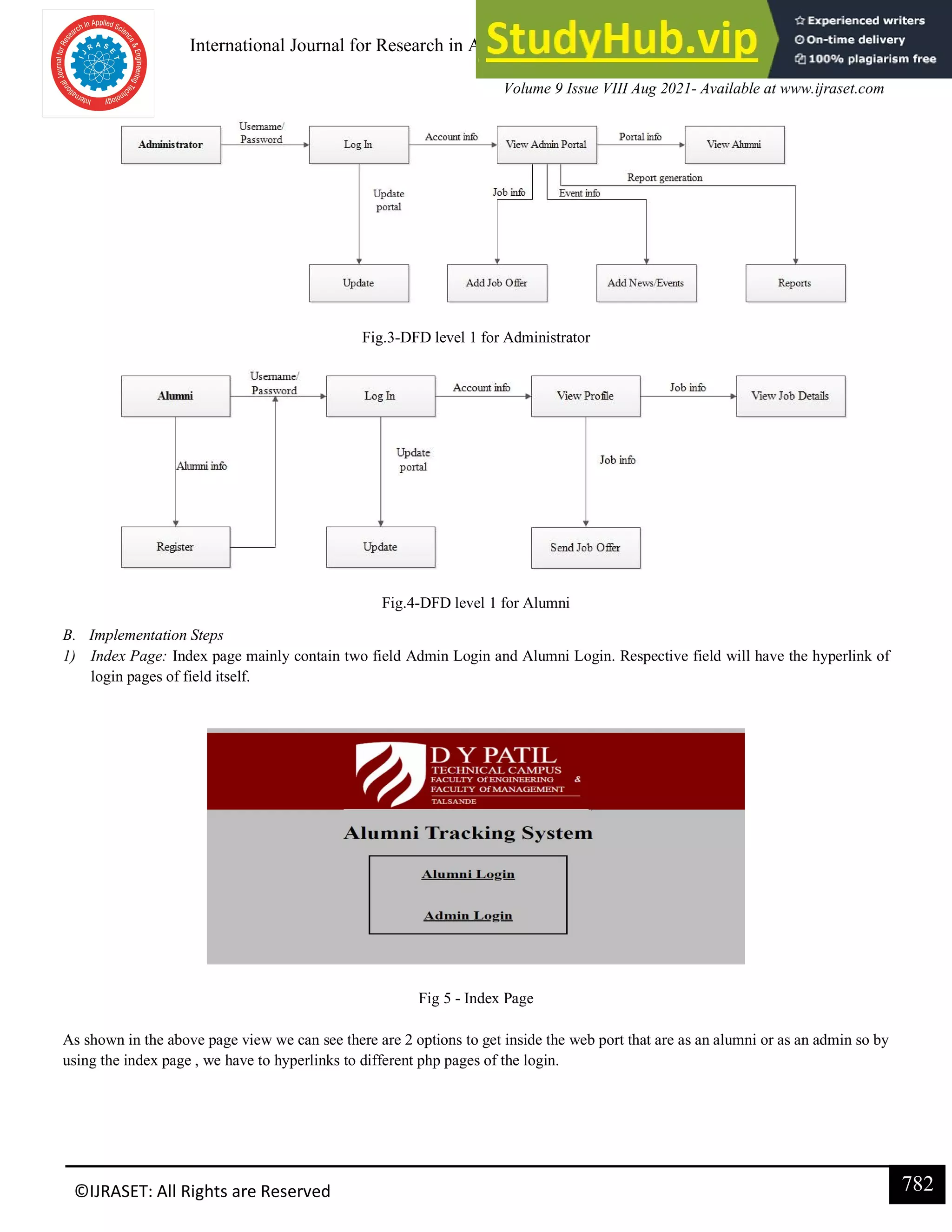 International Journal for Research in Applied Science & Engineering Technology (IJRASET)
ISSN: 2321-9653; IC Value: 45.98; SJ Impact Factor: 7.429
Volume 9 Issue VIII Aug 2021- Available at www.ijraset.com
782
©IJRASET: All Rights are Reserved
Fig.3-DFD level 1 for Administrator
Fig.4-DFD level 1 for Alumni
B. Implementation Steps
1) Index Page: Index page mainly contain two field Admin Login and Alumni Login. Respective field will have the hyperlink of
login pages of field itself.
Fig 5 - Index Page
As shown in the above page view we can see there are 2 options to get inside the web port that are as an alumni or as an admin so by
using the index page , we have to hyperlinks to different php pages of the login.
 