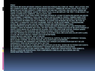 PINGO
MIS PAPÁS ME DICEN ASÍ DESDE CHIQUITA, DICEN QUE PORQUE ERA COMO UN “PINGO”, MUY LATOSA. ERA
MUY GORDITA DE BEBÉ, CREO QUE HE MEJORADO UN POCO. TAMBIÉN ME DECÍAN CACHE TITOS, POR LO
MISMO DE QUE ESTABA GORDITA Y COMÍA MUCHO. ESTABA MUY CHISTOSA. UNA VEZ EN EL KÍNDER ME
PELEÉ CON UNA COMPAÑERA, BUENO NO TANTO PELEA, ELLA ME EMPUJÓ Y ME TIRÓ Y YO ME ENOJÉ Y LE
AZOTÉ LA NARIZ EN EL CEMENTO…ERA LO JUSTO ¿NO?
A MIS CINCO AÑOS YO NO TENÍA PERRO, PERO MIS VECINOS SÍ, LO QUE YO HACÍA ERA SACAR UNA BOLSA
DE PAN BIMBO Y COMÉRMELA TODA CON EL CAPETA (ASÍ SE LLAMA EL PERRO), TAMBIÉN HABÍA OTRO
PERRO QUE ERA EL SOLO VINO, PERO ÉL ERA DE POCOS AMIGOS Y NO SÉ ACERCABA CON NOSOTROS.
AÚN RECUERDO MI PRIMER DÍA EN LA PRIMARIA, NO QUERÍA QUE MI MADRE ME DEJARA, ME PUSE DE
CHILLONA Y LA MAESTRA TUVO QUE CALMARME, PERO AL FIN ME ACOSTUMBRE, Y ACORDÁNDOME
AHORA, ME IMAGINÓ LO QUE HAN DE HABER PENSADO MIS COMPAÑEROS ¡QUÉ PENA!
MIS SENTIMIENTOS NO ME GUSTAN DEL TODO, BUENO MÁS BIEN MI INTERIOR, SOY UNA PERSONA MUY
SENSIBLE, CAIGO DE MANERA MUY FÁCIL, SOY MUY INGENUA Y QUIERO QUE ESO SE ME QUITE PORQUE LA
GENTE LUEGO ABUZA DE LA NOBLEZA DE ALGUIEN. POR OTRO LADO SÍ ME GUSTAN, PORQUE QUIERO
SINCERAMENTE A LAS PERSONAS, MI CORAZÓN ES NOBLE, PERO A VECES SÍ SE PASA.
SOY UNA PERSONA DE ESTATURA MEDIA, NI MUY ALTA NI MUY BAJA, MIS OJOS SON COLOR CAFÉ CLARO,
LO CUAL ME GUSTA MUCHO J SAQUÉ LOS OJOS DE MI PADRE.
QUIERO MUCHO A MIS PAPÁS. ¡SON LO MEJOR!
AHORITA YA TENGO PERRO, BAAL BECK ,MUY DISTINTO AL CAPETIU, ÉL ERA MUY CARIÑOSO Y MI BAAL
BECK ES MUY HURAÑO, DE POCAS PULGAS, NO LE GUSTA QUE LO ACARICIEN.
EN LO PERSONAL ME CONSIDERO UNA PERSONA FEA, AUNQUE LOS DEMÁS DICEN QUE NO Y SE LOS
AGRADEZCO, PERO EN MI PUNTO DE VISTA, SOY FEA.
MI SECUNDARIA HA SIDO DE LO MEJOR, LA MEJOR ETAPA DE MI VIDA, DONDE ME HE PODIDO DAR CUENTA
DE QUIENES SON MIS AMIGOS VERDADEROS Y QUIENES SÓLO SON AMIGOS PASAJEROS.
HE APRENDIDO LO QUE ES SER UNIDOS COMO GRUPO. SOMOS MUY DESASTROSOS, PERO SOMOS EL
MEJOR. A VECES ME DESESPERAN, PERO COMPAÑEROS COMO ELLOS, SOLO SERÁN UNA VEZ.
INGRID MARTÍNEZ TEJADA 3°E
 