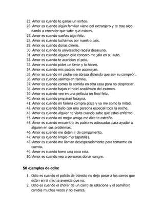 100 ejemplos de amor y odio