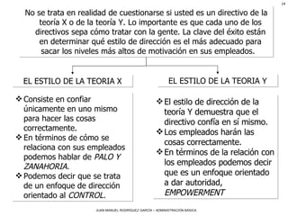 EL ESTILO DE LA TEORIA X Consiste en confiar únicamente en uno mismo para hacer las cosas correctamente.  En términos de cómo se relaciona con sus empleados podemos hablar de  PALO Y ZANAHORIA. Podemos decir que se trata de un enfoque de dirección orientado al  CONTROL.   El estilo de dirección de la teoría Y demuestra que el directivo confía en sí mismo. Los empleados harán las cosas correctamente.  En términos de la relación con los empleados podemos decir que es un enfoque orientado a dar autoridad,   EMPOWERMENT   No se trata en realidad de cuestionarse si usted es un directivo de la teoría X o de la teoría Y. Lo importante es que cada uno de los directivos sepa cómo tratar con la gente. La clave del éxito están en determinar qué estilo de dirección es el más adecuado para sacar los niveles más altos de motivación en sus empleados.   EL ESTILO DE LA TEORIA Y 