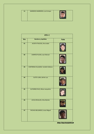 11       NARREROS MARREROS, Luis Enrique




                                6TO. C

Nro.            Nombres y Apellidos                   Foto

01          ACOSTA TRUCIOS, Dina Isabel




02         CAMPOS PULIDO, Juan Manuel




03     CONTRERAS VILLAIZAN, Yamileth Dalliana




04            CUETO LUNA, Adrián Luis




05       GUTIERREZ RUIZ, Allison Jacqueline




06         LECCA ZEVALLOS, Erika Mariela




07       PACHAS MELGAREJO, Josué Miguel




                                                http://laperlaaip2011.tk
 