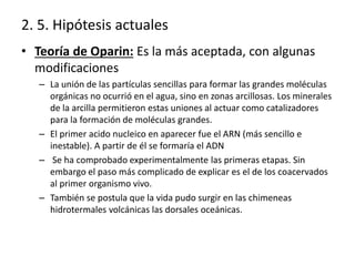 2. 5. Hipótesis actuales
• Teoría de Oparin: Es la más aceptada, con algunas
modificaciones
– La unión de las partículas sencillas para formar las grandes moléculas
orgánicas no ocurrió en el agua, sino en zonas arcillosas. Los minerales
de la arcilla permitieron estas uniones al actuar como catalizadores
para la formación de moléculas grandes.
– El primer acido nucleico en aparecer fue el ARN (más sencillo e
inestable). A partir de él se formaría el ADN
– Se ha comprobado experimentalmente las primeras etapas. Sin
embargo el paso más complicado de explicar es el de los coacervados
al primer organismo vivo.
– También se postula que la vida pudo surgir en las chimeneas
hidrotermales volcánicas las dorsales oceánicas.
 
