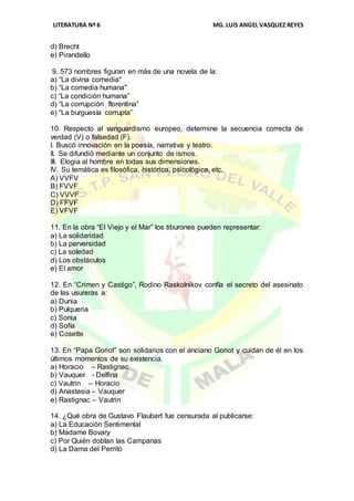 LITERATURA Nº 6 MG.LUIS ANGEL VASQUEZ REYES
d) Brecht
e) Pirandello
9. 573 nombres figuran en más de una novela de la:
a) “La divina comedia"
b) “La comedia humana"
c) “La condición humana”
d) “La corrupción florentina”
e) “La burguesía corrupta”
10. Respecto al vanguardismo europeo, determine la secuencia correcta de
verdad (V) o falsedad (F).
I. Buscó innovación en la poesía, narrativa y teatro.
II. Se difundió mediante un conjunto de ismos.
III. Elogia al hombre en todas sus dimensiones.
IV. Su temática es filosófica, histórica, psicológica, etc.
A) VVFV
B) FVVF
C) VVVF
D) FFVF
E) VFVF
11. En la obra “El Viejo y el Mar” los tiburones pueden representar:
a) La solidaridad
b) La perversidad
c) La soledad
d) Los obstáculos
e) El amor
12. En “Crimen y Castigo”, Rodino Raskolnikov confía el secreto del asesinato
de las usureras a:
a) Dunia
b) Pulqueria
c) Sonia
d) Sofía
e) Cosette
13. En “Papa Goriot” son solidarios con el anciano Goriot y cuidan de él en los
últimos momentos de su existencia.
a) Horacio – Rastignac
b) Vauquer - Delfina
c) Vautrin – Horacio
d) Anastasia – Vauquer
e) Rastignac – Vautrin
14. ¿Qué obra de Gustavo Flaubert fue censurada al publicarse:
a) La Educación Sentimental
b) Madame Bovary
c) Por Quién doblan las Campanas
d) La Dama del Perrito
 