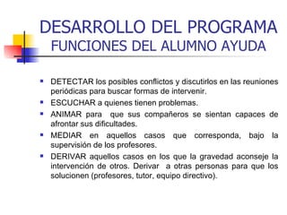 DESARROLLO DEL PROGRAMA FUNCIONES DEL ALUMNO AYUDA DETECTAR los posibles conflictos y discutirlos en las reuniones periódicas para buscar formas de intervenir.  ESCUCHAR a quienes tienen problemas. ANIMAR para  que sus compañeros se sientan capaces de afrontar sus dificultades. MEDIAR en aquellos casos que corresponda, bajo la supervisión de los profesores. DERIVAR aquellos casos en los que la gravedad aconseje la intervención de otros. Derivar  a otras personas para que los solucionen (profesores, tutor, equipo directivo).   
