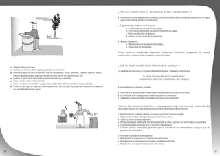 ! Limpia canoas y techos.
! Rellena los huecos de las tapias y paredes de cemento.
! Elimina el agua de los recipientes, huecos de árboles, rocas, paredes, tapias, objetos, pozos ,
letrinas abandonadas, depresiones del terreno, block de construcción, etc.
! Vuelca el agua, lava con cepillo y tapa los tanques y depósitos.
! Lava y coloca cloro en las piscinas.
! Lava y no dejes sin cambiar el agua más de dos días, de los bebederos para animales.
! Entierra todo tipo de basura, envases plásticos, tarritos, llantas y demás recipientes u objetos
que puedan almacenar agua.
¿ POR QUÉ LAS EPIDEMIAS DE DENGUE ESTÁN AUMENTANDO ?
! Incremento de las poblaciones urbanas con asentamiento precario donde la provisión de agua
y la recolección de basura es ineficiente.
! Expansión de criaderos de mosquitos
a- Inadecuado servicio de red de agua.
b- Prácticas tradicionales de almacenamiento de agua.
c- Pobre recolección de basura.
d- Hábitos y conductas de la población.
! Rápido transporte
a- Movimientos de humanos infectados.
b- Dispersión de mosquitos.
Otros factores: inadecuada educación, problemas financieros, programas de control
insuficientes, resistencia del mosquito a los insecticidas.
¿ QUÉ SE DEBE HACER PARA PREVENIR EL DENGUE ?
La salud de las personas es responsabilidad individual, familiar y comunitaria
SI CADA UNO ASUME ESTE COMPROMISO
LIBRAREMOS NUESTRA COMUNIDAD DEL DENGUE
A nivel individual y familiar se debe :
! Identificar y destruir todo criadero del mosquito dentro y fuera de la casa.
! En zonas de alto riesgo poner mallas en puertas y ventanas.
! Tapar los recipientes que contengan agua para uso doméstico.
Como no hay tratamiento específico o vacuna que prevenga la enfermedad, se describe dos
claves que pueden ser aplicadas para prevenir su aparición y diseminación.
1- Eliminación de criaderos donde se reproducen (Ver tema de pág.9)
! Tapar contenedores de agua (tanques, tambores etc.).
! Cubrir y sellar cámaras sépticas.
! Remover basura plástica de los alrededores de la casa, pueden ser enterrados o quemados.
! Control biológico (agregar BTI u otro larvicida al agua).
! Control químico (larvicidas) gránulos que se colocan en los contenedores de agua que no
pueden ser eliminados.
2- Prevenir la picadura de mosquitos
! Repelentes en vapores en el amanecer y atardecer.
! Mosquiteros para proteger a los niños fundamentalmente.
! Repelentes en las partes expuestas del cuerpo.
 