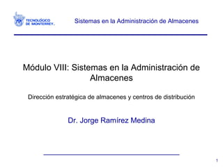 Sistemas en la Administración de Almacenes
Módulo VIII: Sistemas en la Administración de
Almacenes
Dirección estratégica de almacenes y centros de distribución
Dr. Jorge Ramírez Medina
1
 