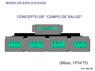 MODELOS EXPLICATIVOS     CONCEPTO DE “CAMPO DE SALUD” (Blum, 1974/75) UM - DR JJC 
