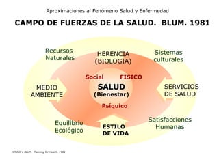SALUD (Bienestar) ESTILO DE VIDA HERENCIA (BIOLOGIA) MEDIO AMBIENTE SERVICIOS DE SALUD Equilibrio Ecológico Recursos  Naturales Sistemas culturales Satisfacciones Humanas Social Psíquico FISICO CAMPO DE FUERZAS DE LA SALUD.  BLUM. 1981 HENRIK L BLUM.  Planning for Health. 1981 Aproximaciones al Fenómeno Salud y Enfermedad 