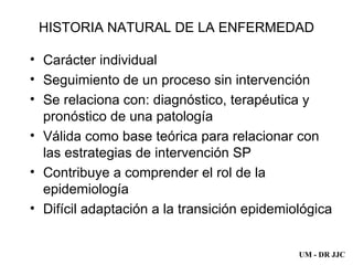 HISTORIA  NATURAL DE  LA ENFERMEDAD Carácter individual Seguimiento de un proceso sin intervención  Se relaciona con: diagnóstico, terapéutica y  pronóstico de una patología Válida como base teórica para relacionar con las estrategias de intervención SP Contribuye a comprender el rol de la epidemiología Difícil adaptación a la transición epidemiológica UM - DR JJC 