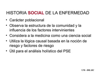 HISTORIA  SOCIAL  DE LA ENFERMEDAD Carácter poblacional Observa la estructura de la comunidad y la influencia de los factores intervinientes Considera a la medicina como una ciencia social Utiliza la lógica causal basada en la noción de riesgo y factores de riesgo Útil para el análisis holístico del PSE UM - DR JJC 
