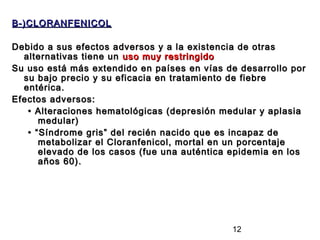 B-)CLORANFENICOL

Debido a sus efectos adversos y a la existencia de otras
  alternativas tiene un uso muy restringido
Su uso está más extendido en países en vías de desarrollo por
  su bajo precio y su eficacia en tratamiento de fiebre
  entérica.
Efectos adversos:
   • Alteraciones hematológicas (depresión medular y aplasia
      medular)
   • “ Síndrome gris” del recién nacido que es incapaz de
      metabolizar el Cloranfenicol, mortal en un porcentaje
      elevado de los casos (fue una auténtica epidemia en los
      años 60).




                                             12
 