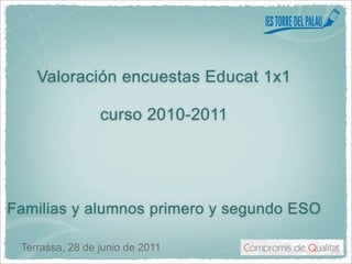 Valoración encuestas Educat 1x1

                 curso 2010-2011




Familias y alumnos primero y segundo ESO

 Terrassa, 28 de junio de 2011
 