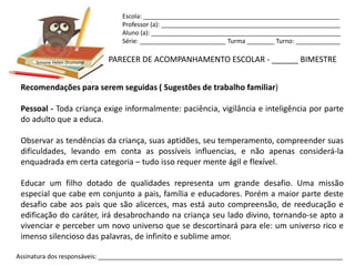 Escola: _________________________________________________________
                                Professor (a): ____________________________________________________
                                Aluno (a): _______________________________________________________
                                Série: _________________________ Turma ________ Turno: _____________


      Simone Helen Drumond   PARECER DE ACOMPANHAMENTO ESCOLAR - ______ BIMESTRE


 Recomendações para serem seguidas ( Sugestões de trabalho familiar)

 Pessoal - Toda criança exige informalmente: paciência, vigilância e inteligência por parte
 do adulto que a educa.

 Observar as tendências da criança, suas aptidões, seu temperamento, compreender suas
 dificuldades, levando em conta as possíveis influencias, e não apenas considerá-la
 enquadrada em certa categoria – tudo isso requer mente ágil e flexível.

 Educar um filho dotado de qualidades representa um grande desafio. Uma missão
 especial que cabe em conjunto a pais, família e educadores. Porém a maior parte deste
 desafio cabe aos pais que são alicerces, mas está auto compreensão, de reeducação e
 edificação do caráter, irá desabrochando na criança seu lado divino, tornando-se apto a
 vivenciar e perceber um novo universo que se descortinará para ele: um universo rico e
 imenso silencioso das palavras, de infinito e sublime amor.

Assinatura dos responsáveis: _______________________________________________________________________
 