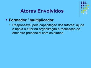 Formador / multiplicador Responsável pela capacitação dos tutores; ajuda e apóia o tutor na organização e realização do encontro presencial com os alunos. Atores Envolvidos 