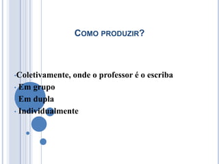 COMO PRODUZIR?



•Coletivamente,   onde o professor é o escriba
• Em grupo
• Em dupla

• Individualmente
 