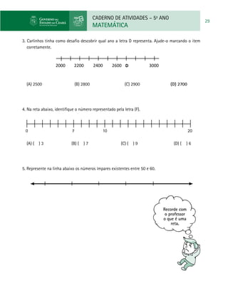 CADERNO DE ATIVIDADES – 5o
ANO
MATEMÁTICA
29
3. Carlinhos tinha como desafio descobrir qual ano a letra D representa. Ajude-o marcando o item
corretamente.
(A) 2500	                  (B) 2800                   (C) 2900                 (D) 2700
4.	Na reta abaixo, identifique o número representado pela letra (F).
0 10 20
(A) ( ) 3 (B) ( ) 7 (C) ( ) 9 (D) ( ) 6
5. Represente na linha abaixo os números ímpares existentes entre 50 e 60.
Recorde com
o professor
o que é uma
reta.
2000 2200 2400 2600 D 3000
F
 