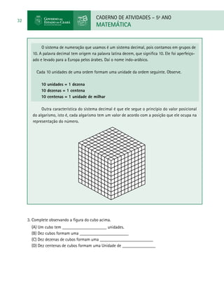 CADERNO DE ATIVIDADES – 5o
ANO
MATEMÁTICA
32
O sistema de numeração que usamos é um sistema decimal, pois contamos em grupos de
10. A palavra decimal tem origem na palavra latina decem, que significa 10. Ele foi aperfeiço-
ado e levado para a Europa pelos árabes. Daí o nome indo-arábico. 
	 Cada 10 unidades de uma ordem formam uma unidade da ordem seguinte. Observe. 
	 10 unidades = 1 dezena
	 10 dezenas = 1 centena
	 10 centenas = 1 unidade de milhar
 
Outra característica do sistema decimal é que ele segue o princípio do valor posicional
do algarismo, isto é, cada algarismo tem um valor de acordo com a posição que ele ocupa na
representação do número.
3. Complete observando a figura do cubo acima.
(A) Um cubo tem ____________________ unidades.
(B) Dez cubos formam uma ______________________
(C) Dez dezenas de cubos formam uma ________________________
(D) Dez centenas de cubos formam uma Unidade de _______________
 