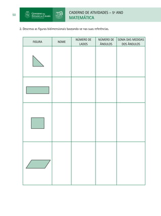 CADERNO DE ATIVIDADES – 5o
ANO
MATEMÁTICA
50
2.	Descreva as figuras bidimensionais baseando-se nas suas referências.
Figura Nome
NÚMERO DE
lados
NÚMERO DE
ângulos
SOMA DAS Medidas
DOS ângulos
 