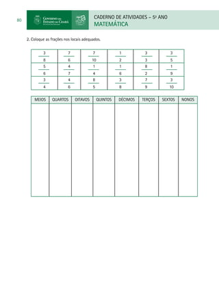 CADERNO DE ATIVIDADES – 5o
ANO
MATEMÁTICA
80
2. Coloque as frações nos locais adequados.
3
8
7
6
7
10
1
2
3
3
3
5
5
6
4
7
1
4
1
6
8
2
1
9
3
4
4
6
8
5
3
8
7
9
3
10
Meios Quartos Oitavos Quintos Décimos Terços Sextos Nonos
 
