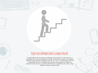 Foquenoaprendizadoalongoprazo!
O aprendizado não visa apenas a obtenção de boas notas em certa prova ou a
realização de um exercício específico. Passar de semestre e realizar as atividades
cotidianas exigidas pela universidade não são, por si só, os motivos pelos quais se
é estudante, mas sim as etapas pelas quais se deve passar para chegar ao
verdadeiro papel do aluno: acumular conhecimento e experiência de modo a atingir
objetivos maiores, de longo prazo.
 