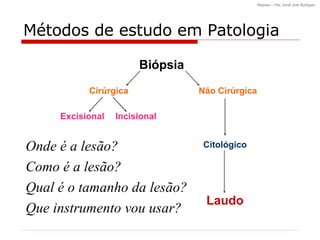 Métodos de estudo em Patologia Biópsia Cirúrgica Não Cirúrgica Citológico Laudo Excisional Incisional Onde é a lesão? Como é a lesão? Qual é o tamanho da lesão? Que instrumento vou usar? 