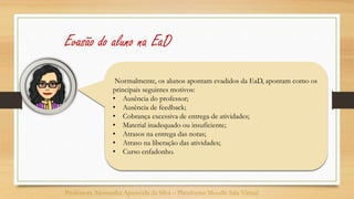 Normalmente, os alunos apontam evadidos da EaD, apontam como os
principais seguintes motivos:
• Ausência do professor;
• Ausência de feedback;
• Cobrança excessiva de entrega de atividades;
• Material inadequado ou insuficiente;
• Atrasos na entrega das notas;
• Atraso na liberação das atividades;
• Curso enfadonho.
Professora Alessandra Aparecida da Silva – Plataforma Moodle Sala Virtual
Evasão do aluno na EaD
 