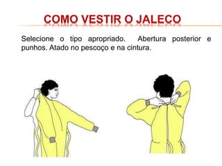 COMO VESTIR O JALECO
Selecione o tipo apropriado. Abertura posterior e
punhos. Atado no pescoço e na cintura.
 