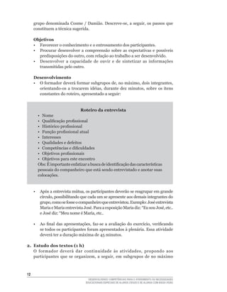 grupo	denominada	Cosme	/	Damião.	Descreve-se,	a	seguir,	os	passos	que	
     constituem	a	técnica	sugerida.

     Objetivos
     • Favorecer o conhecimento e o entrosamento dos participantes.
	    •	 Procurar	 desenvolver	 a	 compreensão	 sobre	 as	 expectativas	 e	 possíveis	
        predisposições	do	outro,	com	relação	ao	trabalho	a	ser	desenvolvido.
	    •	 Desenvolver	 a	 capacidade	 de	 ouvir	 e	 de	 sintetizar	 as	 informações	
        transmitidas pelo outro.

     Desenvolvimento
	    •	 O	formador	deverá	formar	subgrupos	de,	no	máximo,	dois	integrantes,	
        orientando-os	 a	 trocarem	 idéias,	 durante	 dez	 minutos,	 sobre	 os	 itens	
        constantes	do	roteiro,	apresentado	a	seguir:


                               Roteiro da entrevista
       • Nome
       •	 Qualificação	profissional
       •	 Histórico	profissional
       •	 Função	profissional	atual
       • Interesses
       •	 Qualidades	e	defeitos
       •	 Competências	e	dificuldades
       •	 Objetivos	profissionais
       • Objetivos para este encontro
       Obs:	É	importante	enfatizar	a	busca	de	identificação	das	características	
       pessoais do companheiro que está sendo entrevistado e anotar suas
       colocações.


	    •	 Após	a	entrevista	mútua,	os	participantes	deverão	se	reagrupar	em	grande	
        círculo,	possibilitando	que	cada	um	se	apresente	aos	demais	integrantes	do	
        grupo,	como	se	fosse	o	companheiro	que	entrevistou.	Exemplo:	José	entrevista	
        Maria	e	Maria	entrevista	José.	Para	a	exposição	Maria	diz:	“Eu	sou	José,	etc..	
        e	José	diz:	“Meu	nome	é	Maria,	etc..

	    •	 Ao	 final	 das	 apresentações,	 faz-se	 a	 avaliação	 do	 exercício,	 verificando	
        se	todos	os	participantes	foram	apresentados	à	plenária.	Essa	atividade	
        deverá	ter	a	duração	máxima	de	45	minutos.

2. Estudo dos textos (1 h)
   O	 formador	 deverá	 dar	 continuidade	 às	 atividades,	 propondo	 aos	
   participantes	 que	 se	 organizem,	 a	 seguir,	 em	 subgrupos	 de	 no	 máximo	



12
                                      DESENVOLVENDO COMPETÊNCIAS PARA O ATENDIMENTO ÀS NECESSIDADES
                                    EDUCACIONAIS ESPECIAIS DE ALUNOS CEGOS E DE ALUNOS COM BAIXA VISÃO
 