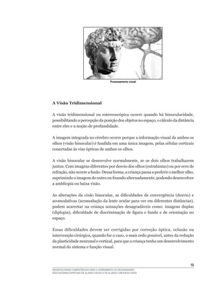 Processamento visual




A Visão Tridimensional

A	 visão	 tridimensional	 ou	 estereoscópica	 ocorre	 quando	 há	 binocularidade,	
possibilitando	a	percepção	da	posição	dos	objetos	no	espaço,	o	cálculo	da	distância	
entre	eles	e	a	noção	de	profundidade.	

A	imagem	integrada	no	cérebro	ocorre	porque	a	informação	visual	de	ambos	os	
olhos	(visão	binocular)	é	fundida	em	uma	única	imagem,	pelas	células	corticais	
conectadas às vias ópticas de ambos os olhos.

A	 visão	 binocular	 se	 desenvolve	 normalmente,	 se	 os	 dois	 olhos	 trabalharem	
juntos.	Com	imagens	diferentes	por	desvio	dos	olhos	(estrabismo)	ou	por	erro	de	
refração,	não	ocorre	a	fusão.	Dessa	forma,	a	criança	passa	a	preferir	o	melhor	olho,	
suprimindo	a	imagem	do	outro	ou	fixando	alternadamente,	podendo	desenvolver	
a ambliopia ou baixa visão.

As	 alterações	 da	 visão	 binocular,	 as	 dificuldades	 de	 convergência	 (desvio)	 e	
acomodativas	(acomodação	da	lente	ocular	para	ver	em	diferentes	distâncias),	
podem acarretar na criança sensações desagradáveis como: imagens duplas
(diplopia),	 dificuldade	 de	 discriminação	 de	 figura	 e	 fundo	 e	 de	 orientação	 no	
espaço.

Essas	 dificuldades	 devem	 ser	 corrigidas	 por	 correção	 óptica,	 oclusão	 ou	
intervenção	cirúrgica,	quando	for	o	caso,	o	mais	cedo	possível,	antes	da	redução	
da	plasticidade	neuronal	e	cortical,	para	que	a	criança	tenha	um	desenvolvimento	
normal	do	sistema	e	função	visual.



                                                                                      15
DESENVOLVENDO COMPETÊNCIAS PARA O ATENDIMENTO ÀS NECESSIDADES
EDUCACIONAIS ESPECIAIS DE ALUNOS CEGOS E DE ALUNOS COM BAIXA VISÃO
 