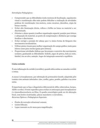 Estratégias Pedagógicas:

•	 Compreender	que	as	dificuldades	óculo-motoras	de	focalização,	seguimento	
   visual	e	coordenação	olho-mão	podem	dificultar	a	realização	de	atividades	
   práticas	 de	 coordenação	 viso-motora,	 como	 encaixes,	 desenhos,	 cópia	 da	
   lousa e escrita.
•	 Evitar	 alta	 iluminação	 direta,	 reflexo	 e	 brilho	 na	 lousa	 ou	 material	 a	 ser	
   discriminado.
•	 Orientar	o	aluno	quanto	à	melhor	organização	espacial,	posição	para	leitura	
   e	adequação	do	material,	ao	ponto	de	compensação	e	distância	que	consiga	
   focalizar	e	discriminar.	
•	 Evitar	 corrigir	 a	 posição	 de	 cabeça	 que	 é	 a	 única	 forma	 de	 bloqueio	 dos	
   movimentos involuntários.
•	 Utilizar	pistas	visuais	para	melhor	organização	do	campo	gráfico,	tanto	para	
   leitura	como	para	escrita	(guias	para	leitura).
•	 Proporcionar	atividades	lúdicas	que	favoreçam	o	exercício	dos	movimentos	
   oculares,	graduando	as	dificuldades:	boliche,	jogos	de	peteca,	bola	ao	cesto,	
   futebol,	tiro	ao	alvo,	natação.	Jogos	de	integração	sensorial	e	equilíbrio.



Cório-retinite

É	uma	inflamação	da	coróide	(coroidite),	quando	afeta	ambas	as	camadas	coróide	
e retina.

A	causa	é	a	toxoplasmose,	por	infestação	do	protozoário	Gondii,	adquirida	pelo	
contato	com	animais	infectados:	cães,	coelho,	gatos,	pombo,	galinha	e	na	carne	
suína.

É	importante	que	se	faça	o	diagnóstico	diferencial	de	sífilis,	tuberculose,	herpes,	
AIDS	e	uveítes.	O	teste	específico	para	avaliar	os	anticorpos	para	toxoplasmose	
é	a	imunofluorescência	ou	Elisa.	O	quadro	neurológico	pode	ser	de	alteração	
focal,	com	lesões	cicatrizadas,	placas	maculares	e	convulsões.
Recursos Ópticos e Pedagógicos Especiais:

•	 Óculos	de	correção	refracional	comum;
•	 Lentes	bifocais;
•	 Lupas	manuais	ou	de	mesa	para	magnificação;




26
                                      DESENVOLVENDO COMPETÊNCIAS PARA O ATENDIMENTO ÀS NECESSIDADES
                                    EDUCACIONAIS ESPECIAIS DE ALUNOS CEGOS E DE ALUNOS COM BAIXA VISÃO
 