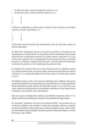 •	 do	alto	para	baixo,	coluna	da	esquerda:	pontos	1-2-3;
•	 do	alto	para	baixo,	coluna	da	direita:	pontos	4-5-6;

1  	     4
2 	 	    5
3 	 	    6

Conforme	combinados	os	pontos	entre	si,	formar-se-ão	as	letras;	por	exemplo,	
o	ponto	1,	sozinho,	representa	o	“a”.

1 	 	    4
2 	 	    5
3 	 	    6

É	fácil	saber	qual	dos	pontos	está	determinado,	pois	são	colocados	sempre	na	
mesma disposição.

As	 diferentes	 disposições	 desses	 seis	 pontos	 permitem	 a	 formação	 de	 63	
combinações	ou	símbolo	braile.	As	dez	primeiras	letras	do	alfabeto	são	formadas	
pelas	 diversas	 combinações	 possíveis	 dos	 quatro	 pontos	 superiores	 (1-2-4-5);	
as	dez	letras	seguintes	são	as	combinações	das	dez	primeiras	letras,	acrescidas	
do	ponto	3,	e	formam	a	segunda	linha	de	sinais.	A	terceira	linha	é	formada	pelo	
acréscimo	dos	pontos	3	e	6	às	combinações	da	primeira	linha.

Os	símbolos	da	primeira	linha	são	as	dez	primeiras	letras	do	alfabeto	romano	
(a-j).	Esses	mesmos	sinais,	na	mesma	ordem,	assumem	características	de	valores	
numéricos	1-0,	quando	precedidas	do	sinal	do	número,	formado	pelos	pontos	
3-4-5-6.

No	alfabeto	romano,	vinte	e	seis	sinais	são	utilizados	para	o	alfabeto,	dez	para	os	
sinais	de	pontuação	de	uso	internacional,	correspondendo	aos	10	sinais	da	primeira	
linha,	localizados	na	parte	inferior	da	cela	braile:	pontos	2-3-5-6.	Os	vinte	e	seis	
sinais	restantes	são	destinados	às	necessidades	específicas	de	cada	língua	(letras	
acentuadas,	por	exemplo)	e	para	abreviaturas.

Doze	anos	após	a	invenção	desse	sistema,	Louis	Braille	acrescentou	a	letra	“w”	ao	
décimo	sinal	da	quarta	linha	para	atender	às	necessidades	da	língua	inglesa.

Os	 chamados	 “Símbolos	 Universais	 do	 Sistema	 Braille”	 representam	 não	 só	
as	letras	do	alfabeto,	mas	também	os	sinais	de	pontuação,	números,	notações	
musicais	e	científicas,	enfim,	tudo	o	que	se	utiliza	na	grafia	comum,	sendo,	ainda,	
de	extraordinária	universalidade;	ele	pode	exprimir	as	diferentes	línguas	e	escritas	
da	Europa,	Ásia	e	África.


64
                                    DESENVOLVENDO COMPETÊNCIAS PARA O ATENDIMENTO ÀS NECESSIDADES
                                  EDUCACIONAIS ESPECIAIS DE ALUNOS CEGOS E DE ALUNOS COM BAIXA VISÃO
 