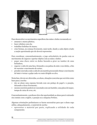 Leitura em braile


Para	desenvolver	os	movimentos	específicos	das	mãos	e	dedos	recomenda-se:
•	 amassar	a	massa	plástica;
•	 fazer	rolinhos	com	ela;
•	 trabalhar	bolinhas	de	massa;
•	 criar	formas,	no	começo	livremente,	mais	tarde,	dando	a	cada	objeto	criado	
   a noção aproximada que ele deverá representar.

Para	 coordenar,	 concomitantemente,	 o	 jogo	 articulatório	 do	 punho	 com	 os	
movimentos de segurar e apertar objetos com as mãos e dedos:
•	 pegar	 uma	 chave	 entre	 os	 dedos	 fazendo-a	 girar	 no	 tambor	 de	 uma	
   fechadura;
•	 segurar	o	cabo	de	uma	faca,	firmando-a	na	palma	da	mão	e	nos	dedos,	a	fim	
   de	executar	o	movimento	de	cortar;
• prender com toda a mão o cabo de um martelo procurando ritmar o movimento
   de bater e tornar o golpe cada vez mais dirigido ao alvo.

Nesta	fase,	devem	ser	oferecidas,	ao	aluno,	situações	concretas	que	servirão	como	
base para a escrita:
•	 dar	 ao	 aluno	 uma	 espuma	 forrada	 com	 um	 pedaço	 de	 papel	 e	 o	 punção,	
   deixando-o	furar	livremente;
•	 mesmo	exercício	poderá	ser	executado	com	um	bastidor,	uma	placa	de	isopor,	
   tampa	de	caixa	de	ovos,	etc.

Concomitantemente,	o	professor	deve	dar	oportunidade	ao	aluno	para	ir	entrando	
em	contato	com	a	reglete,	o	punção	ou	a	máquina	Perkins.

Algumas	orientações	preliminares	se	fazem	necessárias	para	que	o	aluno	cego	
utilize,	adequadamente,	o	material	de	escrita:
•	 apresentar	 o	 material	 por	 parte,	 explicando	 a	 utilidade	 de	 cada	
    componente;



2
                                   DESENVOLVENDO COMPETÊNCIAS PARA O ATENDIMENTO ÀS NECESSIDADES
                                 EDUCACIONAIS ESPECIAIS DE ALUNOS CEGOS E DE ALUNOS COM BAIXA VISÃO
 