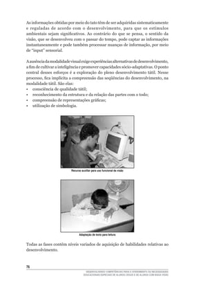 As	informações	obtidas	por	meio	do	tato	têm	de	ser	adquiridas	sistematicamente	
e	 reguladas	 de	 acordo	 com	 o	 desenvolvimento,	 para	 que	 os	 estímulos	
ambientais	 sejam	 significativos.	 Ao	 contrário	 do	 que	 se	 pensa,	 o	 sentido	 da	
visão,	que	se	desenvolveu	com	o	passar	do	tempo,	pode	captar	as	informações	
instantaneamente	e	pode	também	processar	nuanças	de	informação,	por	meio	
de	“input”	sensorial.

A	ausência	da	modalidade	visual	exige	experiências	alternativas	de	desenvolvimento,	
a	fim	de	cultivar	a	inteligência	e	promover	capacidades	sócio-adaptativas.	O	ponto	
central	 desses	 esforços	 é	 a	 exploração	 do	 pleno	 desenvolvimento	 tátil.	 Nesse	
processo,	fica	implícita	a	compreensão	das	seqüências	do	desenvolvimento,	na	
modalidade tátil. São elas:
•	 consciência	de	qualidade	tátil;
•	 reconhecimento	da	estrutura	e	da	relação	das	partes	com	o	todo;
•	 compreensão	de	representações	gráficas;
• utilização de simbologia.




                           Recurso auxiliar para uso funcional da visão




                                 Adaptação de texto para leitura


Todas	as	fases	contêm	níveis	variados	de	aquisição	de	habilidades	relativas	ao	
desenvolvimento.



6
                                       DESENVOLVENDO COMPETÊNCIAS PARA O ATENDIMENTO ÀS NECESSIDADES
                                     EDUCACIONAIS ESPECIAIS DE ALUNOS CEGOS E DE ALUNOS COM BAIXA VISÃO
 