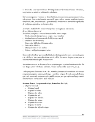 o trabalho	a	ser	desenvolvido	deverá	partir	das	vivências	reais	do	educando,	
associando-as	a	outras	práticas	do	cotidiano.

Em	todos	os	passos	verificar-se-ão	as	habilidades	necessárias	para	sua	execução,	
tais	 como:	 desenvolvimento	 sensorial,	 perceptivo,	 motor,	 noções	 espaço-
temporais,	etc.,	uma	vez	que	a	qualidade	do	desempenho	na	tarefa	dependerá	
de vivências sucessivas nestes aspectos.

Exemplo: Habilidades necessárias para a execução da atividade:
Área: Higiene Corporal
Atividade: Limpeza e cuidados necessários com o corpo
•	 Conhecimento	das	partes	do	corpo	e	suas	funções;
•	 Conhecimento	dos	materiais	de	higiene	corporal;
•	 Preensão	dos	materiais;
•	 Percepção	tátil-cinestésica	da	ação;
•	 Percepção	olfativa;	
•	 Planejamento	do	ato	motor;
• Ritmo e agilidade para execução.

É necessário lembrar que essas habilidades são importantes para a aprendizagem
e	 a	 eficiência	 na	 execução	 dessa	 tarefa,	 além	 de	 serem	 importantes	 para	 o	
desenvolvimento integral do educando.

Aprender a escovar os dentes ou lavar o rosto requer o conhecimento anterior do
uso	da	pia	(abrir	e	fechar	a	torneira,	colocar	pasta	dental	na	escova,	etc..).

Todo	programa	de	ensino	de	A.V.D.,	portanto,	deve	estar	baseado	em	atividades	
programadas	passo	a	passo,	no	tempo	e	no	rítmo	próprio	de	cada	aluno,	de	forma	
que	cada	passo	seja	implementado	perfeitamente,	até	que	o	educando	apresente	
desempenhos	adequados	e	mais	eficazes.

Síntese de um Programa Básico de ensino de AVD
1. Higiene pessoal
   • Higiene bucal
   • Higiene do rosto
   • Higiene das mãos
	 •	 Higiene	dos	pés
   • Higiene dos cabelos
   • Higiene das unhas
   • Higiene do ouvido
   • Higiene do nariz
	 •	 Higiene	dos	olhos	(prótese)



                                                                                   1
DESENVOLVENDO COMPETÊNCIAS PARA O ATENDIMENTO ÀS NECESSIDADES
EDUCACIONAIS ESPECIAIS DE ALUNOS CEGOS E DE ALUNOS COM BAIXA VISÃO
 