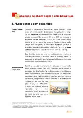 Alunos cegos e com baixa visão
                                                                                                          Orientações curriculares




           I. Educação de alunos cegos e com baixa visão

1. Alunos cegos e com baixa visão

Cegueira e baixa                 Segundo a Organização Mundial de Saúde (ICD-10, 1999)
visão                            existe um amplo espectro de perdas de visão, situadas ao longo
                                 de um continuum, correspondendo a baixa visão a acuidades
                                 visuais compreendidas entre os 0.3 e os 0.05 e a cegueira a
                                 acuidades visuais inferiores a 0.05 ou a um campo visual
                                 inferior a 10º em torno do ponto de fixação. A baixa visão
                                 integra duas categorias, a baixa visão moderada (relativa a
                                 acuidades visuais compreendidas entre 0.3 e 0.1), e a baixa
                                 visão severa (relativa a acuidades visuais entre 0.1 e 0.05).


                                 Esta definição baseia-se, pois, em medidas clínicas relativas a
                                 duas funções visuais, a acuidade visual1 e o campo visual2. A
                                 existência de alterações ao nível destas funções tem diferentes
                                 repercussões no funcionamento visual.


                                 Quando a acuidade visual se encontra afectada as imagens são
Acuidade visual e
                                 vistas de forma turva e com baixo contraste, o que dificulta a
campo visual
                                 percepção dos detalhes (cf. fig. 1). Estas pessoas, na visão para
                                 perto, confrontam-se com enormes dificuldade nas actividades
                                 que exigem uma visão de detalhe, como por exemplo a leitura
                                 de um livro, dos preços de bens de consumo ou da carta de um
                                 restaurante. No caso da visão
                                 para        longe,        as      dificuldades
                                 ocorrem, por exemplo, quando é
                                 necessário              ler         a        placa
                                 informativa de um autocarro ou
                                 do nome de uma rua ou as
                                 legendas de um filme.



1
    Medida clínica de nitidez da visão para a discriminação de pormenores a uma distância específica.
2
    Distância angular abrangida quando olhamos um ponto no infinito mantendo estáticos os olhos e a cabeça. A parte central, abrangida
    simultaneamente por ambos os olhos, corresponde ao campo visual central. O campo periférico refere-se à restante área, de ambos os lados
    do campo central, só abrangida por um dos olhos.



                                                                                                                                  11
 