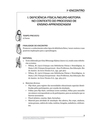 DESENVOLVENDO COMPETÊNCIAS PARA O ATENDIMENTO ÀS NECESSIDADES EDUCACIONAIS ESPECIAIS
DE ALUNOS COM DEFICIÊNCIA FÍSICA/NEURO-MOTORA
Iº ENCONTRO
1. DEFICIÊNCIA FÍSICA/NEURO-MOTORA
NO CONTEXTO DO PROCESSO DE
ENSINO-APRENDIZAGEM
Tempo Previsto
07 horas
FINALIDADE DO ENCONTRO
Promover o conhecimento sobre tipos de deficiência física / neuro-motora e suas
possíveis implicações para a aprendizagem.
material
1.	 Texto elaborado por Gina Mitsunaga Kijima (Anexo 01), tendo como referên-
cias os textos:
	 •	 Wilson, M. (1971) Crianças com Deficiências Físicas e Neurológicas, in
Dunn, L.M. Crianças Excepcionais - Seus Problemas, Sua Educação. Rio
de Janeiro: Ao Livro Técnico S.A., (pp. 346-361)
	 •	 Wilson, M. (1971) Crianças com Deficiências Físicas e Neurológicas, in
Dunn, L.M. Crianças Excepcionais - Seus Problemas, Sua Educação. Rio
de Janeiro: Ao Livro Técnico S.A., (pp. 363-371).
2.	 Materiais diversos
	 •	 Flip-chart, para registro das necessidades educacionais especiais identi-
ficadas pelos participantes, por ocasião da simulação.
	 •	 Folhas para flip-chart, cartolinas (cores sortidas), folhas para rascunho
em número correspondente ao de participantes, para as anotações que se
fizerem necessárias.
	 •	 Pincel atômico, canetas, lápis, borrachas;
	 •	 Material para atividade de simulação: fita adesiva, fita crepe, ataduras,
meias grossas, cadeira de rodas, muletas, bengalas, andadores, colchone-
tes.
 