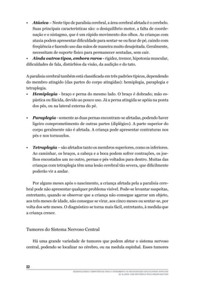 22	
DESENVOLVENDO COMPETÊNCIAS PARA O ATENDIMENTO ÀS NECESSIDADES EDUCACIONAIS ESPECIAIS
DE ALUNOS COM DEFICIÊNCIA FÍSICA/NEURO-MOTORA
•	 Atáxica – Neste tipo de paralisia cerebral, a área cerebral afetada é o cerebelo.
Suas principais características são: o desiquilíbrio motor, a falta de coorde-
nação e o nistagmo, que é um rápido movimento dos olhos. As crianças com
ataxia podem apresentar dificuldade para sentar-se ou ficar de pé, caindo com
freqüência e fazendo uso das mãos de maneira muito desajeitada. Geralmente,
necessitam de suporte físico para permanecer sentadas, sem cair.
•	 Ainda outros tipos, embora raros - rigidez, tremor, hipotonia muscular,
dificuldades de fala, distúrbios da visão, da audição e do tato.
A paralisia cerebral também está classificada em três padrões típicos, dependendo
do membro atingido (das partes do corpo atingidas): hemiplegia, paraplegia e
tetraplegia.
•	 Hemiplegia - braço e perna do mesmo lado. O braço é dobrado; mão es-
pástica ou flácida, devido ao pouco uso. Já a perna atingida se apóia na ponta
dos pés, ou na lateral externa do pé.
•	 Paraplegia - somente as duas pernas encontram-se afetadas, podendo haver
ligeiro comprometimento de outras partes (diplégico). A parte superior do
corpo geralmente não é afetada. A criança pode apresentar contraturas nos
pés e nos tornozelos.
•	 Tetraplegia – são afetados tanto os membros superiores, como os inferiores.
Ao caminhar, os braços, a cabeça e a boca podem sofrer contrações, os joe-
lhos encostados um no outro, pernas e pés voltados para dentro. Muitas das
crianças com tetraplegia têm uma lesão cerebral tão severa, que dificilmente
poderão vir a andar.
	 Por alguns meses após o nascimento, a criança afetada pela a paralisia cere-
bral pode não apresentar qualquer problema visível. Pode-se levantar suspeitas,
entretanto, quando se observar que a criança não consegue agarrar um objeto,
aos três meses de idade, não consegue se virar, aos cinco meses ou sentar-se, por
volta dos sete meses. O diagnóstico se torna mais fácil, entretanto, à medida que
a criança cresce.
Tumores do Sistema Nervoso Central
	 Há uma grande variedade de tumores que podem afetar o sistema nervoso
central, podendo se localizar no cérebro, ou na medula espinhal. Esses tumores
 