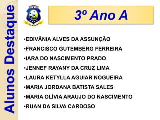 3º Ano A
•EDIVÂNIA ALVES DA ASSUNÇÃO
•FRANCISCO GUTEMBERG FERREIRA
•IARA DO NASCIMENTO PRADO
•JENNEF RAYANY DA CRUZ LIMA
•LAURA KETYLLA AGUIAR NOGUEIRA
•MARIA JORDANA BATISTA SALES
•MARIA OLÍVIA ARAUJO DO NASCIMENTO
•RUAN DA SILVA CARDOSO
 
