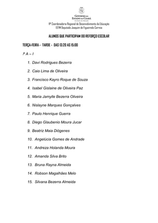 11ª Coordenadoria Regional de Desenvolvimento da Educação
                         EEFM Deputado Joaquim de Figueiredo Correia

                  ALUNOS QUE PARTICIPAM DO REFORÇO ESCOLAR

TERÇA-FEIRA - TARDE - DAS 13:20 AS 15:00

1º A – I

   1. Davi Rodrigues Bezerra

   2. Caio Lima de Oliveira

   3. Francisco Kayro Roque de Souza

   4. Isabel Gislaine de Oliveira Paz

   5. Maria Jamylle Bezerra Oliveira

   6. Nislayne Marques Gonçalves

   7. Paulo Henrique Guerra

   8. Diego Glaubenio Moura Jucar

   9. Beatriz Maia Diógenes

   10. Angelúcia Gomes de Andrade

   11. Andreza Holanda Moura

   12. Amanda Silva Brito

   13. Bruna Rayna Almeida

   14. Robson Magalhães Melo

   15. Silvana Bezerra Almeida
 