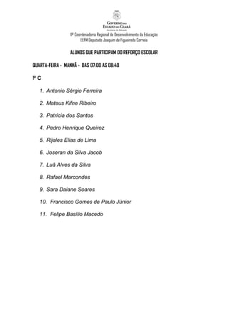 11ª Coordenadoria Regional de Desenvolvimento da Educação
                        EEFM Deputado Joaquim de Figueiredo Correia

                 ALUNOS QUE PARTICIPAM DO REFORÇO ESCOLAR

QUARTA-FEIRA - MANHÃ - DAS 07:00 AS 08:40

1º C

   1. Antonio Sérgio Ferreira

   2. Mateus Kifne Ribeiro

   3. Patrícia dos Santos

   4. Pedro Henrique Queiroz

   5. Rijales Elias de Lima

   6. Joseran da Silva Jacob

   7. Luã Alves da Silva

   8. Rafael Marcondes

   9. Sara Daiane Soares

   10. Francisco Gomes de Paulo Júnior

   11. Felipe Basílio Macedo
 