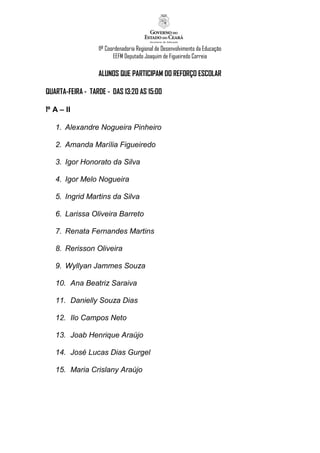 11ª Coordenadoria Regional de Desenvolvimento da Educação
                         EEFM Deputado Joaquim de Figueiredo Correia

                  ALUNOS QUE PARTICIPAM DO REFORÇO ESCOLAR

QUARTA-FEIRA - TARDE - DAS 13:20 AS 15:00

1º A – II

   1. Alexandre Nogueira Pinheiro

   2. Amanda Marília Figueiredo

   3. Igor Honorato da Silva

   4. Igor Melo Nogueira

   5. Ingrid Martins da Silva

   6. Larissa Oliveira Barreto

   7. Renata Fernandes Martins

   8. Rerisson Oliveira

   9. Wyllyan Jammes Souza

   10. Ana Beatriz Saraiva

   11. Danielly Souza Dias

   12. Ilo Campos Neto

   13. Joab Henrique Araújo

   14. José Lucas Dias Gurgel

   15. Maria Crislany Araújo
 