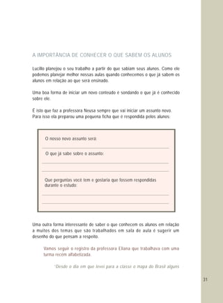 31
A IMPORTÂNCIA DE CONHECER O QUE SABEM OS ALUNOS
Lucillo planejou o seu trabalho a partir do que sabiam seus alunos. Como ele
podemos planejar melhor nossas aulas quando conhecemos o que já sabem os
alunos em relação ao que será ensinado.
Uma boa forma de iniciar um novo conteúdo é sondando o que já é conhecido
sobre ele.
É isto que faz a professora Neusa sempre que vai iniciar um assunto novo.
Para isso ela preparou uma pequena ficha que é respondida pelos alunos:
Uma outra forma interessante de saber o que conhecem os alunos em relação
a muitos dos temas que são trabalhados em sala de aula é sugerir um
desenho do que pensam a respeito.
Vamos seguir o registro da professora Eliana que trabalhava com uma
turma recém alfabetizada.
“Desde o dia em que levei para a classe o mapa do Brasil alguns
O nosso novo assunto será:
O que já sabe sobre o assunto:
Que perguntas você tem e gostaria que fossem respondidas
durante o estudo:
 