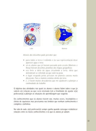 33
Lídio Marlene
Através dos desenhos pude perceber que:
— para todos a terra é redonda e na sua representação deve
aparecer água e terra.
— só os alunos que já haviam passado pela escola (Marlene e
Rosa) fizeram desenhos próximos dos mapas geográficos;
— era forte a idéia da água circulando a terra, idéia que
defenderam se referindo ao que viam na praia.
— o lugar ocupado pelas pessoas no planeta causou muita
discussão. Para a maioria estamos dentro da terra.
— (...) Foram muitas descobertas que me ajudaram a planejar a
continuidade do trabalho.
O objetivo das atividades nas quais os alunos e alunas falam sobre o que já
sabem em relação ao que será ensinado tem a finalidade de ajudar o(a)
professor(a) a planejar as situações de aprendizagem que seguirão.
Os conhecimentos que os alunos trazem são, muitas vezes, incompletos e
cheios de equívocos mas precisamos nos lembrar que nenhum conhecimento é
completo e definitivo.
Na sala de aula, o(a) professor(a) sempre ganha quando consegue estabelecer
relações entre os novos conhecimentos e os que os alunos já sabiam.
 