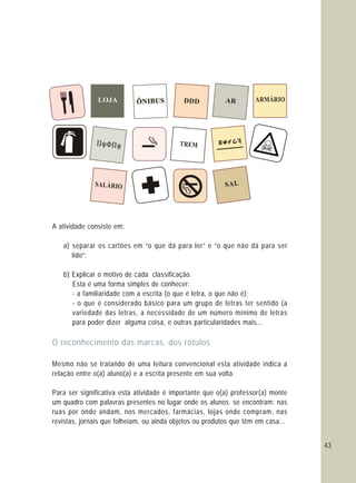 43
DDDLOJA AR ARMÁRIO
ARMAR
ÁSAL RIO
TREM
SAL
A atividade consiste em:
a) separar os cartões em “o que dá para ler” e “o que não dá para ser
lido”;
b) Explicar o motivo de cada classificação.
Esta é uma forma simples de conhecer:
- a familiaridade com a escrita (o que é letra, o que não é);
- o que é considerado básico para um grupo de letras ter sentido (a
variedade das letras, a necessidade de um número mínimo de letras
para poder dizer alguma coisa, e outras particularidades mais...
Mesmo não se tratando de uma leitura convencional esta atividade indica a
relação entre o(a) aluno(a) e a escrita presente em sua volta.
Para ser significativa esta atividade é importante que o(a) professor(a) monte
um quadro com palavras presentes no lugar onde os alunos se encontram: nas
ruas por onde andam, nos mercados, farmácias, lojas onde compram, nas
revistas, jornais que folheiam, ou ainda objetos ou produtos que têm em casa...
O reconhecimento das marcas, dos rótulos
 