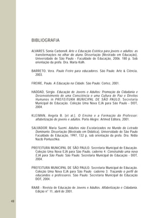 48
BIBLIOGRAFIA
ALVARES, Sonia Carbonell. Arte e Educação Estética para jovens e adultos: as
transformações no olhar do aluno. Dissertação (Mestrado em Educação),
Universidade de São Paulo - Faculdade de Educação, 2006. 180 p. Sob
orientação da profa. Dra. Marta Kolh.
BARRETO, Vera. Paulo Freire para educadores. São Paulo: Arte & Ciência,
2003.
FREIRE, Paulo. A Educação na Cidade. São Paulo: Cortez, 2001.
HADDAD, Sérgio. Educação de Jovens e Adultos: Promoção da Cidadania e
Desenvolvimento de uma Consciência e uma Cultura de Paz e Direitos
Humanos in PREFEITURA MUNICIPAL DE SÃO PAULO. Secretaria
Municipal de Educação. Coleção Uma Nova EJA para São Paulo - DOT,
2004.
KLEIMAN, Angela B. [et al.]. O Ensino e a Formação do Professor:
alfabetização de jovens e adultos. Porto Alegre: Artmed Editora, 2001.
SALVADOR, Maria Suemi. Adultos não Escolarizados no Mundo do Letrado
Dominante. Dissertação (Mestrado em Didática), Universidade de São Paulo
Faculdade de Educação, 1997, 132 p, sob orientação da profa. Dra. Nídia
Nacib Pontuschka.
PREFEITURA MUNICIPAL DE SÃO PAULO. Secretaria Municipal de Educação.
Coleção Uma Nova EJA para São Paulo, caderno 4: Construindo uma nova
EJA para São Paulo. São Paulo: Secretaria Municipal de Educação - DOT,
2004.
PREFEITURA MUNICIPAL DE SÃO PAULO. Secretaria Municipal de Educação.
Coleção Uma Nova EJA para São Paulo caderno 3: Traçando o perfil de
educandos e professores. São Paulo: Secretaria Municipal de Educação
DOT, 2004.
RAAB - Revista de Educação de Jovens e Adultos. Alfabetização e Cidadania.
Edição n° 11, abril de 2001.
 