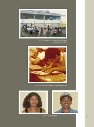 50
EJA - Roraima. Por causa do calor, a aula
aconteceu ao ar livre
EJA - Foz do Iguaçu. Índios em atividade escolar
Aluna e aluno da EJA
49
 