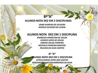 8º”A”
ALUNOS NOTA DEZ EM 2 DISCIPLINAS
          JAIME ALMEIDA DE OLIVEIRA
          NATÁLIA OLIVEIRA DA CUNHA


 ALUNOS NOTA DEZ EM 1 DISCIPLINA
        ANDRESSA APARECIDA DE SOUZA
           LEONICE LOPES DE SOUSA
          LORENA SOUSA FERREIRA
         MATHEUS FERREIRA MARTINS
          PAULINA DA SILVA SANTOS

                8º “B”
    ALUNAS NOTA DEZ EM 1 DISCIPLINA
        LETÍCIA KARINE LOPES DOS SANTOS
    TEREZINHA APARECIDA BARREIROS DA SILVA
 